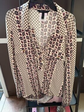 BCBGMAXAZRIA Cream Printed Tie-Neck Blouse